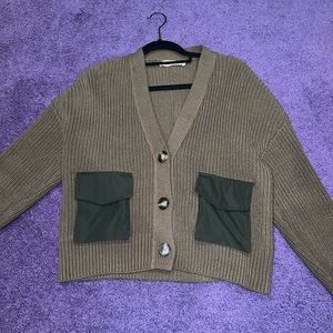 Zara army green cardigan sweater. 2 pockets, 3 buttons.